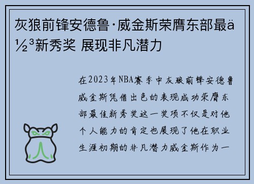 灰狼前锋安德鲁·威金斯荣膺东部最佳新秀奖 展现非凡潜力